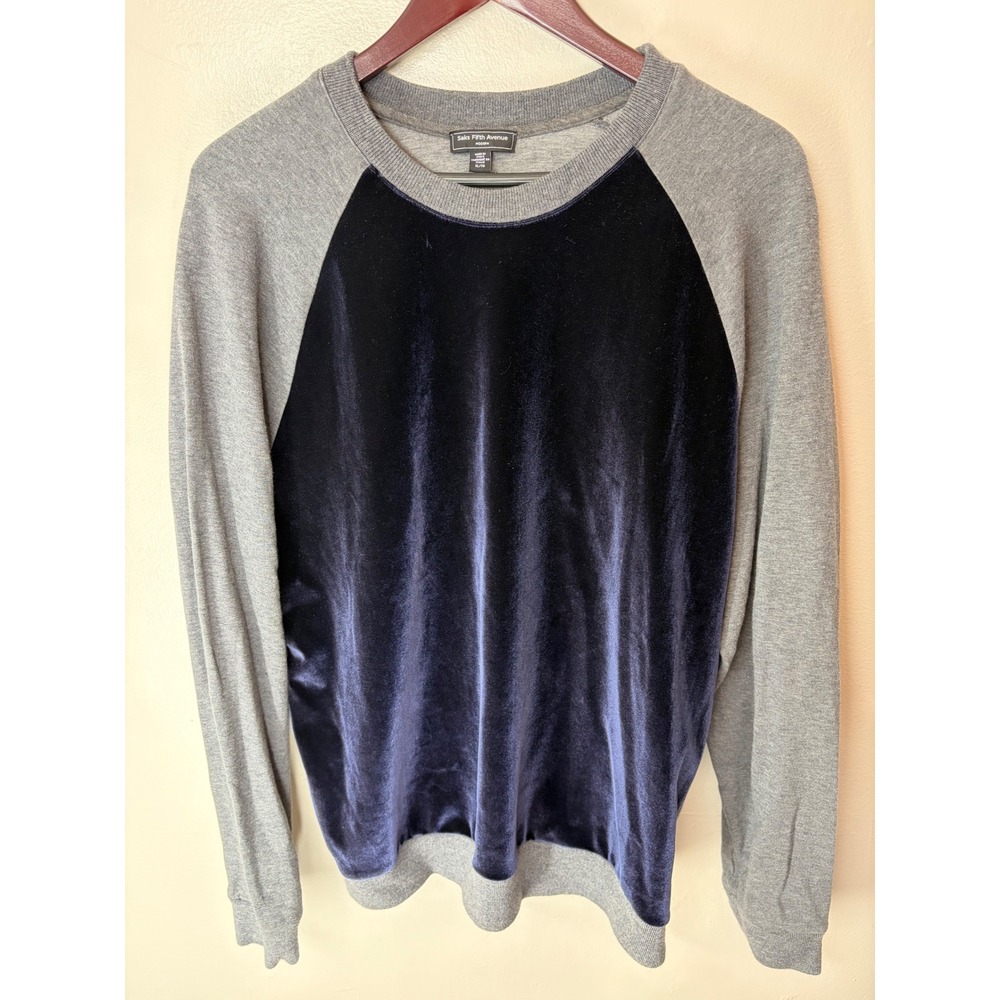Saks Fifth Avenue Modern Mens Velvet Front Raglan Sweatshirt Gray Navy XL Italy